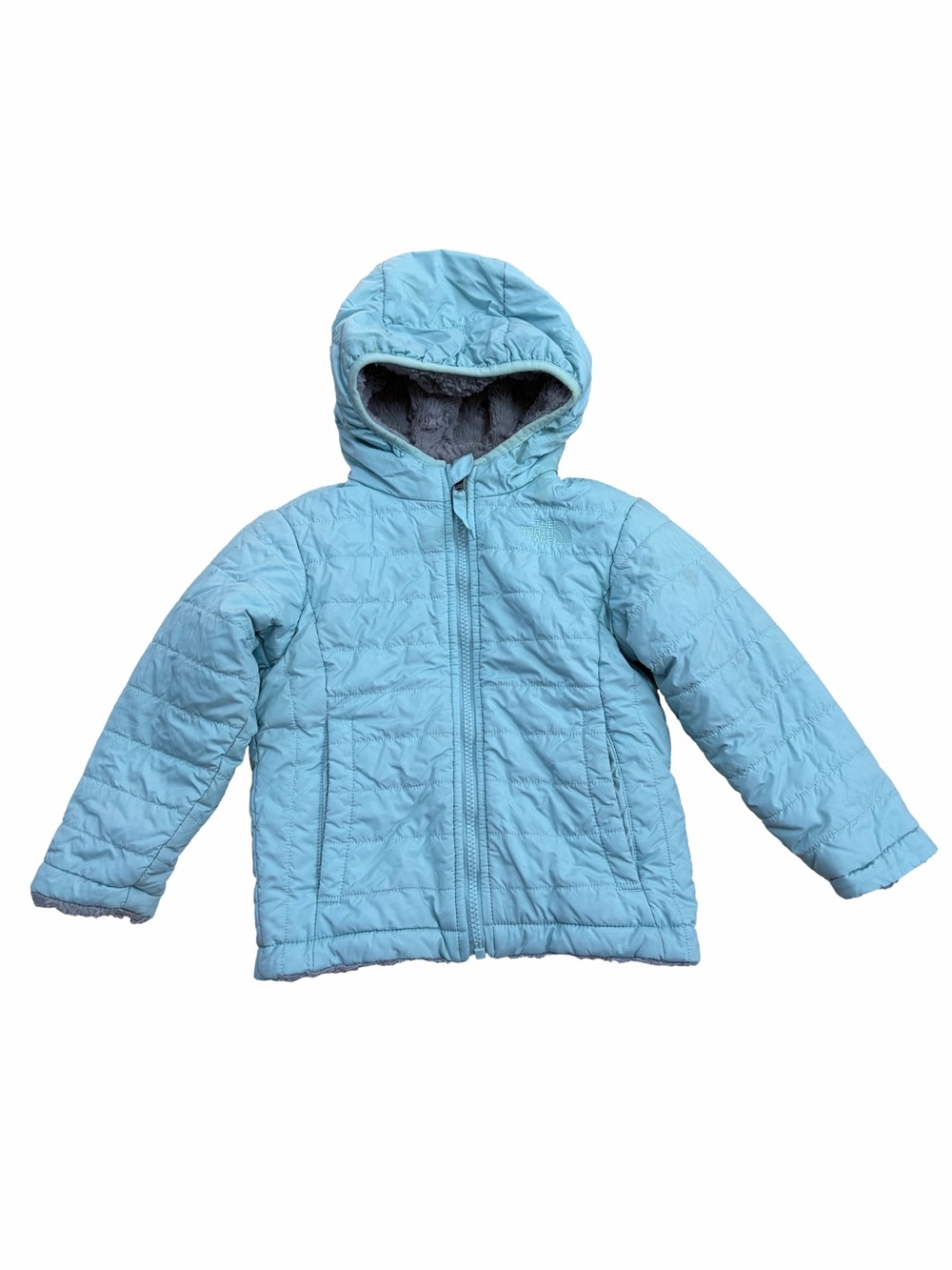 The North Face Size 3T Reversible Mossbud Swirl Jacket in Light Blue Fleece Gray
